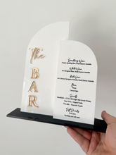 Load image into Gallery viewer, Modern Wedding Bar Sign | Layered Acrylic Bar Menu Sign | Minimalist Arch Bar Sign with Drink List
