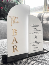 Load image into Gallery viewer, Modern Wedding Bar Sign | Layered Acrylic Bar Menu Sign | Minimalist Arch Bar Sign with Drink List