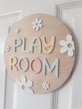 Load image into Gallery viewer, Playroom Door Sign | Wooden Play Room Sign with Pastel Letters | Floral Kids Room Decor | Nursery & Playroom Wall Sign