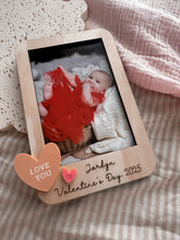 Load image into Gallery viewer, Personalised Valentine’s Photo Magnet | Custom Name Baby Valentine Keepsake | Wooden Fridge Magnet Gift