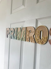 Load image into Gallery viewer, Wooden Name Letters with Floral Acrylic | Custom Wooden Name Sign | Nursery & Kids Room Name Decor | Floral Wall Letters