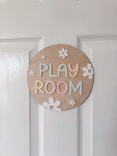 Load image into Gallery viewer, Playroom Door Sign | Wooden Play Room Sign with Pastel Letters | Floral Kids Room Decor | Nursery & Playroom Wall Sign