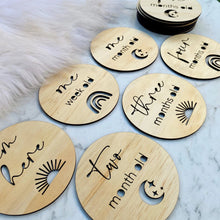 Load image into Gallery viewer, Boho Baby Milestone Cards | Wooden Milestone disks | Baby photo prop | Baby Shower Gift