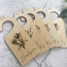 Load image into Gallery viewer, Floral Wooden baby wardrobe dividers for Girl - Baby clothes size hangers for Nursery