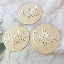 Load image into Gallery viewer, Nursery Name Sign | Kid Name Plaque | Round Baby name sign | Engraved Wooden Nursery Sign | Door name plaque | Circle Name Sign