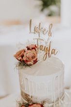 Load image into Gallery viewer, Wedding Cake Topper / Engagement Cake decor / Modern Cake topper / Gold Mirror floating cake topper /