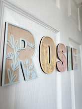 Load image into Gallery viewer, Wooden Name Letters with Floral Acrylic | Custom Wooden Name Sign | Nursery &amp; Kids Room Name Decor | Floral Wall Letters
