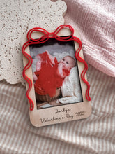Load image into Gallery viewer, Personalised Valentine’s Photo Magnet | Custom Name Baby Valentine Keepsake | Wooden Fridge Magnet Gift

