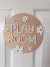 Load image into Gallery viewer, Playroom Door Sign | Wooden Play Room Sign with Pastel Letters | Floral Kids Room Decor | Nursery &amp; Playroom Wall Sign
