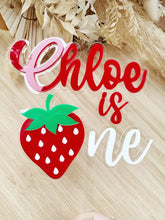 Load image into Gallery viewer, Custom strawberry birthday cake topper | berry first design | pink topper
