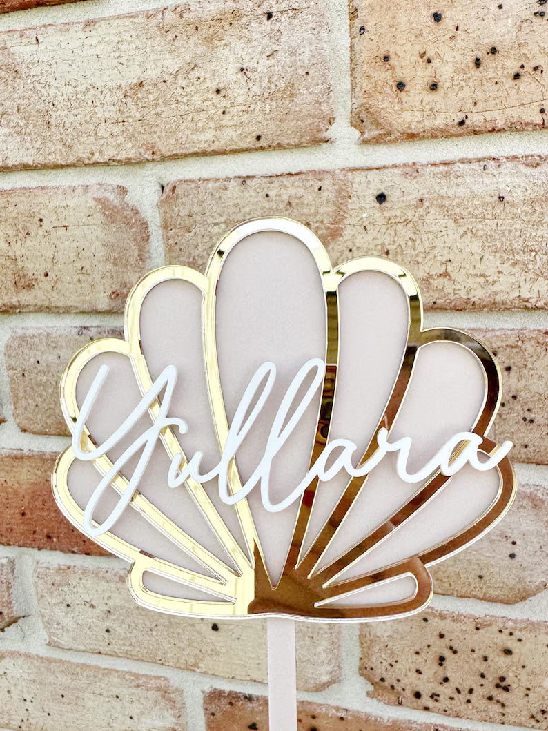 Personalised Shell Cake Topper • Beach Birthday Party Decoration • Ocean Theme Cake Topper with Custom Name • Seashell Party Decor