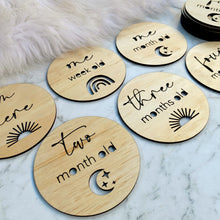 Load image into Gallery viewer, Boho Baby Milestone Cards | Wooden Milestone disks | Baby photo prop | Baby Shower Gift
