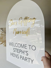 Load image into Gallery viewer, Hens Acrylic Welcome Sign | bridal Shower acrylic sign | event signage | hen decor
