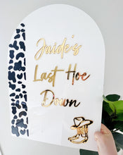 Load image into Gallery viewer, Country Hens Acrylic Welcome Sign | How Down | bridal Shower acrylic sign | event signage | hen decor
