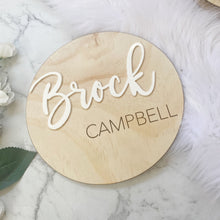Load image into Gallery viewer, Nursery Name Sign | Kid Name Plaque | Round Baby name sign | Engraved Wooden Nursery Sign | Door name plaque | Circle Name Sign
