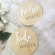 Load image into Gallery viewer, Nursery Name Sign | Kid Name Plaque | Round Baby name sign | Engraved Wooden Nursery Sign | Door name plaque | Circle Name Sign
