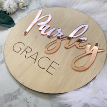 Load image into Gallery viewer, Nursery Name Sign | Kid Name Plaque | Round Baby name sign | Engraved Wooden Nursery Sign | Door name plaque | Circle Name Sign
