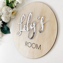 Load image into Gallery viewer, Nursery Name Sign | Kid Name Plaque | Round Baby name sign | Engraved Wooden Nursery Sign | Door name plaque | Circle Name Sign
