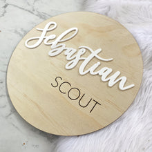 Load image into Gallery viewer, Nursery Name Sign | Kid Name Plaque | Round Baby name sign | Engraved Wooden Nursery Sign | Door name plaque | Circle Name Sign
