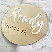 Load image into Gallery viewer, Nursery Name Sign | Kid Name Plaque | Round Baby name sign | Engraved Wooden Nursery Sign | Door name plaque | Circle Name Sign
